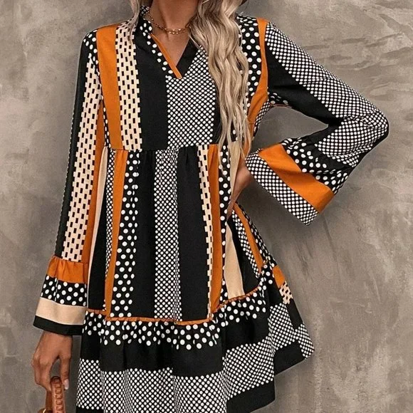 Orange Preppy Womens Striped & Polka Dot Flounce Sleeve Ruffle Hem Smock Dress - Picture 4 of 5